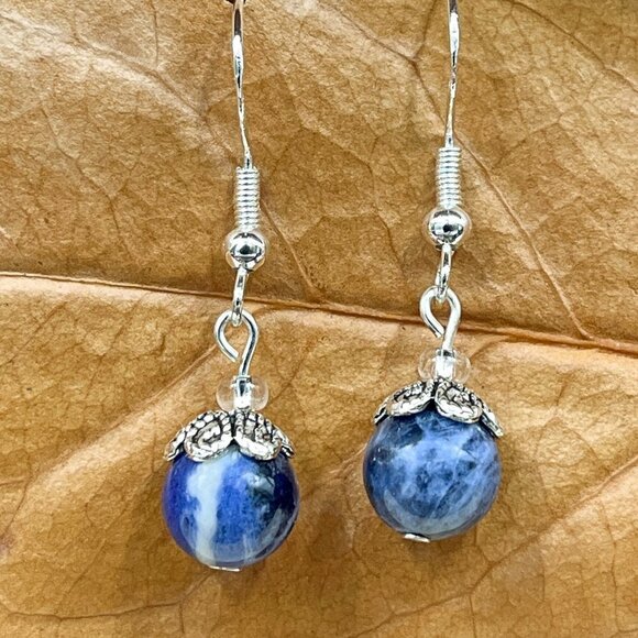 Sodalite Earrings Handcrafted Sterling Silver Ear Wire - Picture 1 of 6